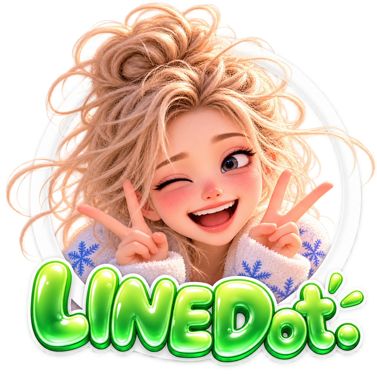 笑著比出勝利手勢的女孩與 LINEDot 標誌