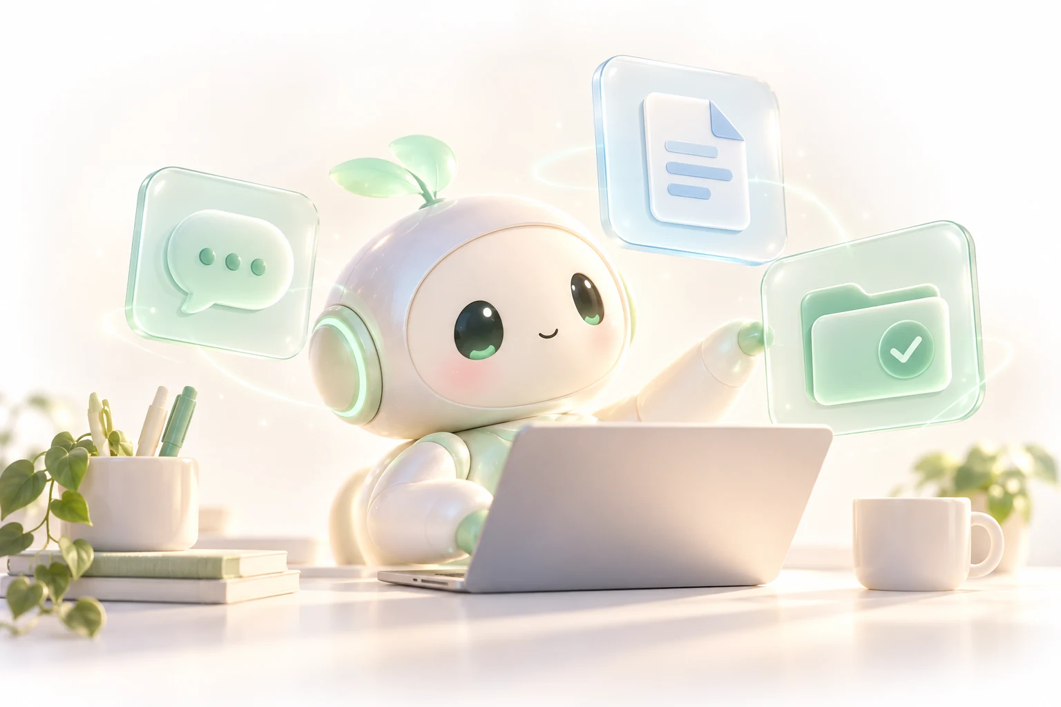 AI 小幫手在電腦前整理訊息與文件的概念插圖