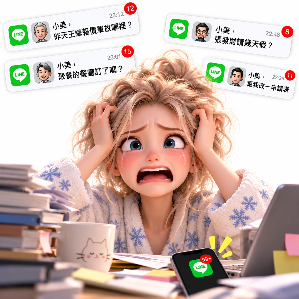 深夜不斷湧入的 LINE 訊息,讓女孩在電腦前崩潰