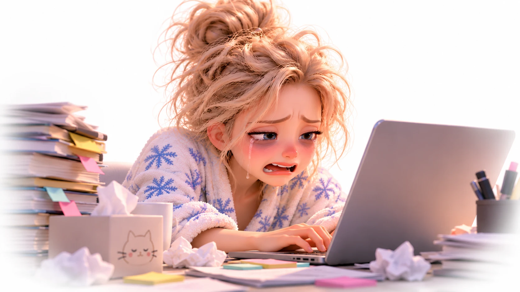 女孩含著眼淚,在堆滿文件的桌前打開電腦工作